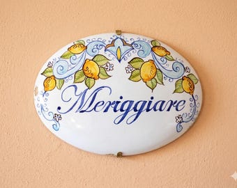 Custom sign for home, Italian ceramic tile painted with lemons and blue curls, inspired by the Amalfi coast. Inauguration & wedding gift.