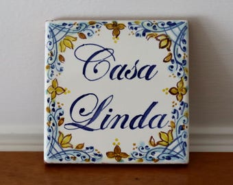 blue italian pottery handcraft tiles, hand painted customizable home address plaque with name and numbers, custom innauguration gifts