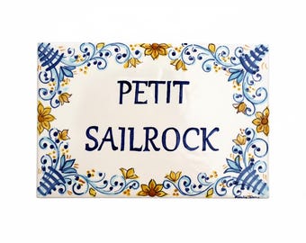 Italy ceramic custom tiles, family name sign blue, with italian style. Custom gift, wall decor tile with names and addres. Handmade plaque