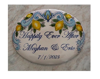 tiles with lemons, Amalfi coast garden, Ravello wedding gift, Mediterranean decoration Italian art, hand painted ceramic