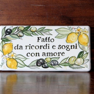 Plate with family names, personalized rectangular house number tiles with olives and lemons, custom Italian ceramic tile, pottery label