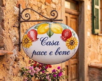 custom sign in italian ceramic, house number with fruits and flowers, Hand-painted plaque with names and address, home tile made in Italy.