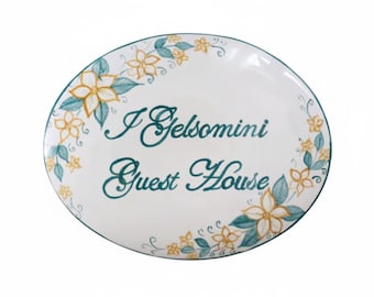 Custom Ceramic Business Sign | Hand-Painted Italian Tile Plaque for Hotel, B&B, Farmhouse | Personalized Outdoor Guest House Welcome Sign