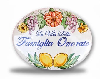 custom gifts: italian pottery civic numbers and family name tile - sign, handmade in Italy with flowers and fruit. Decorative kitchen tiles.