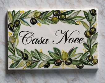 tile with olive branch, home address plate, sign with name surname, personalized painted with olives. Custom Italian ceramic family gift