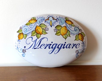 Italian ceramic art, hand painted Italian ceramic tile with lemons and blue curls, inspired by the Amalfi coast