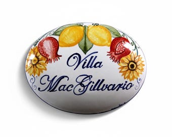 custom sign in italian ceramic, house number with fruits and flowers, Hand-painted plaque with names and address, home tile made in Italy.