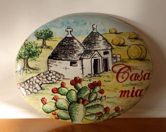 Custom italian gift: Hand painted fine ceramic tile with Puglia landscape, personalized gifts for family, wedding and holiday in Italy