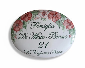 custom gift; pottery tile - sign with address and name and red roses painted. Italian rustic mediterranean ceramics handmade to hang on wall