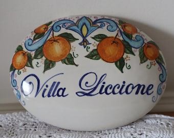 personalized blue Italian ceramic tile with oranges in Mediterranean style to hang on the wall, personalized gift, tiles made in Italy