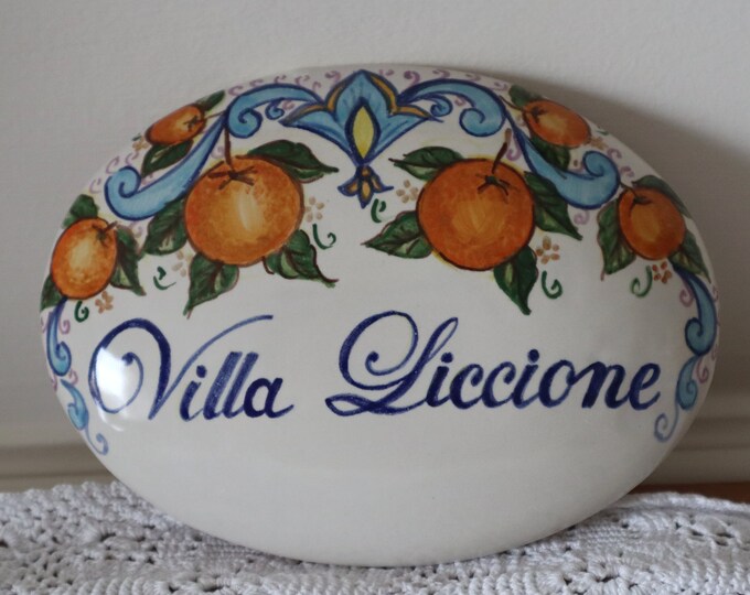 personalized blue Italian ceramic tile with oranges in Mediterranean style to hang on the wall, personalized gift, tiles made in Italy