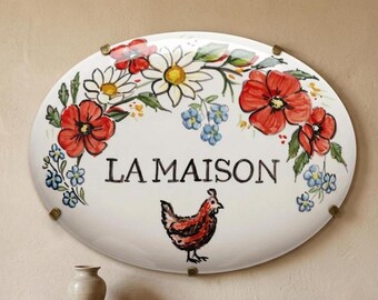 Italian ceramic tile with House Number, floral Personalized Sign for home, Custom Outdoor name plaque, mural decor hand painted.