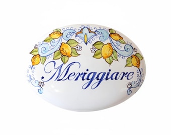 Italian ceramic art, hand painted Italian ceramic tile with lemons and blue curls, inspired by the Amalfi coast