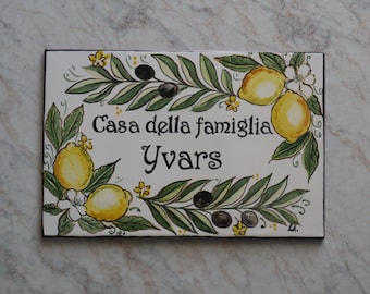 Italian pottery tiles with lemons and olive, custom gift, house address personalized tiles mediterranean style, Amalfi Tuscany ceramic
