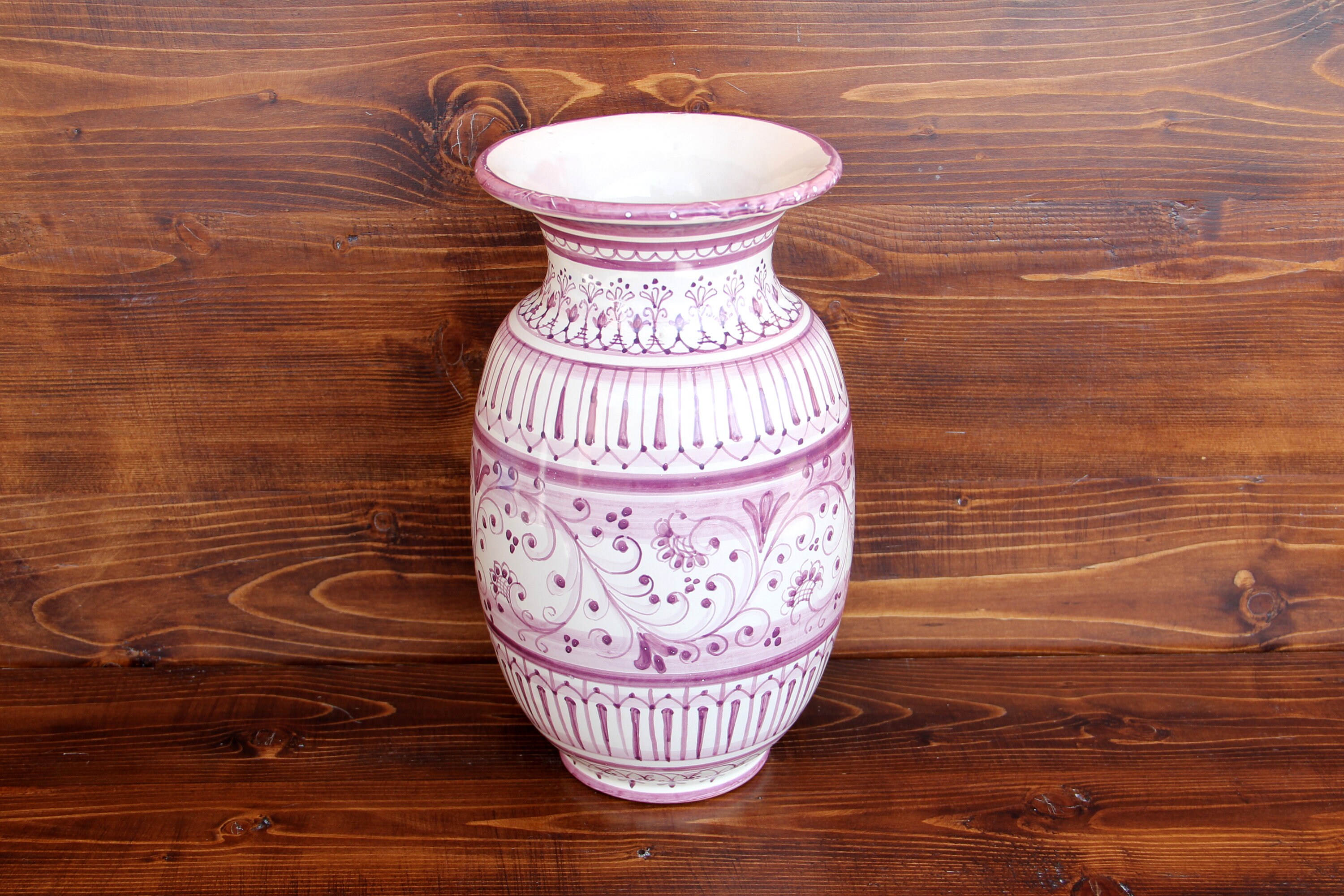 Large Ceramic Flower Vase White And Bordeaux Hand Painted In