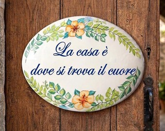 Custom gift; italian ceramic sign customizable with name, numbers, address. Made in Italy pottery Tile: kitchen decor to hang on wall.
