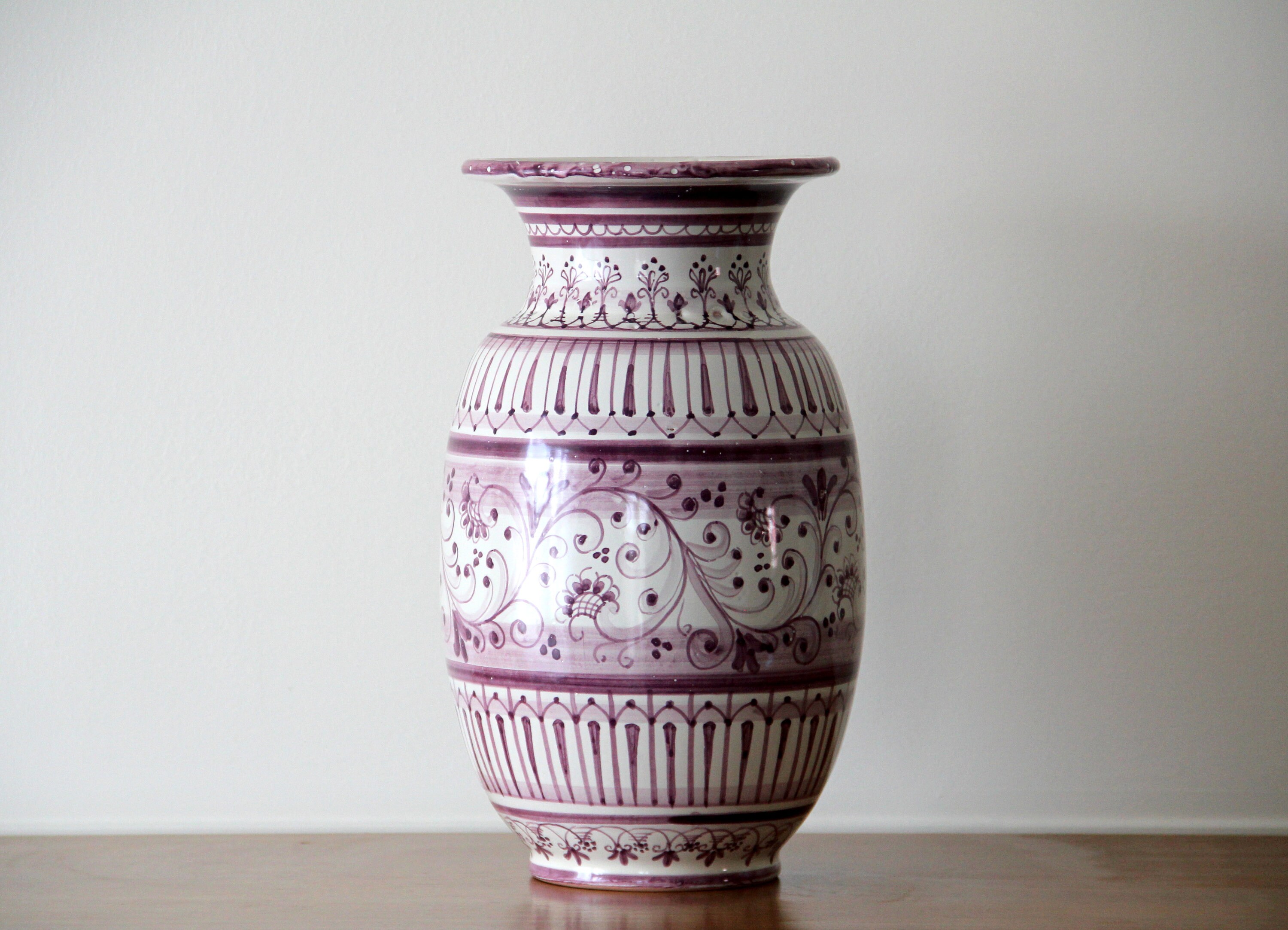 Large Ceramic Flower Vase White And Bordeaux Hand Painted In
