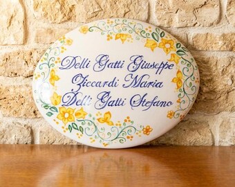 Italian Custom pottery sign for home with name, Italy ceramic tile. Gift for wedding, birthday or inauguration. Kitchen decoration.