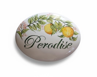 Italian pottery custom sign with family name to hang. Personalized gift for wedding, birthday, inaguration. Tile hand painted kitchen decor