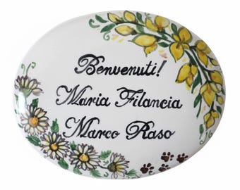 Italian ceramic  tile with House Number, floral Personalized Sign for home, Custom Outdoor name plaque, mural decor hand painted