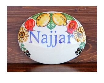 Custom ceramic sign, personalized name signs sunflowers pomegranates lemons. Farmhouse plaques, villa tiles. Garden plaque ceramics Italy