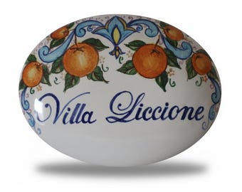 custom gift: blue Italian ceramic tile - sign with oranges in Mediterranean style to hang on wall, art gifts made in Italy