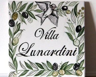 italian pottery Olive Branch House Number, Personalized Name Ceramic Tiles, Family welcome plaque, adress tiles, with olive, olives