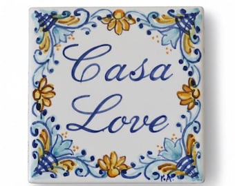 Italy ceramic custom tiles, family name sign blue, with italian style. Custom gift, wall decor tile with names and addres. Handmade plaque