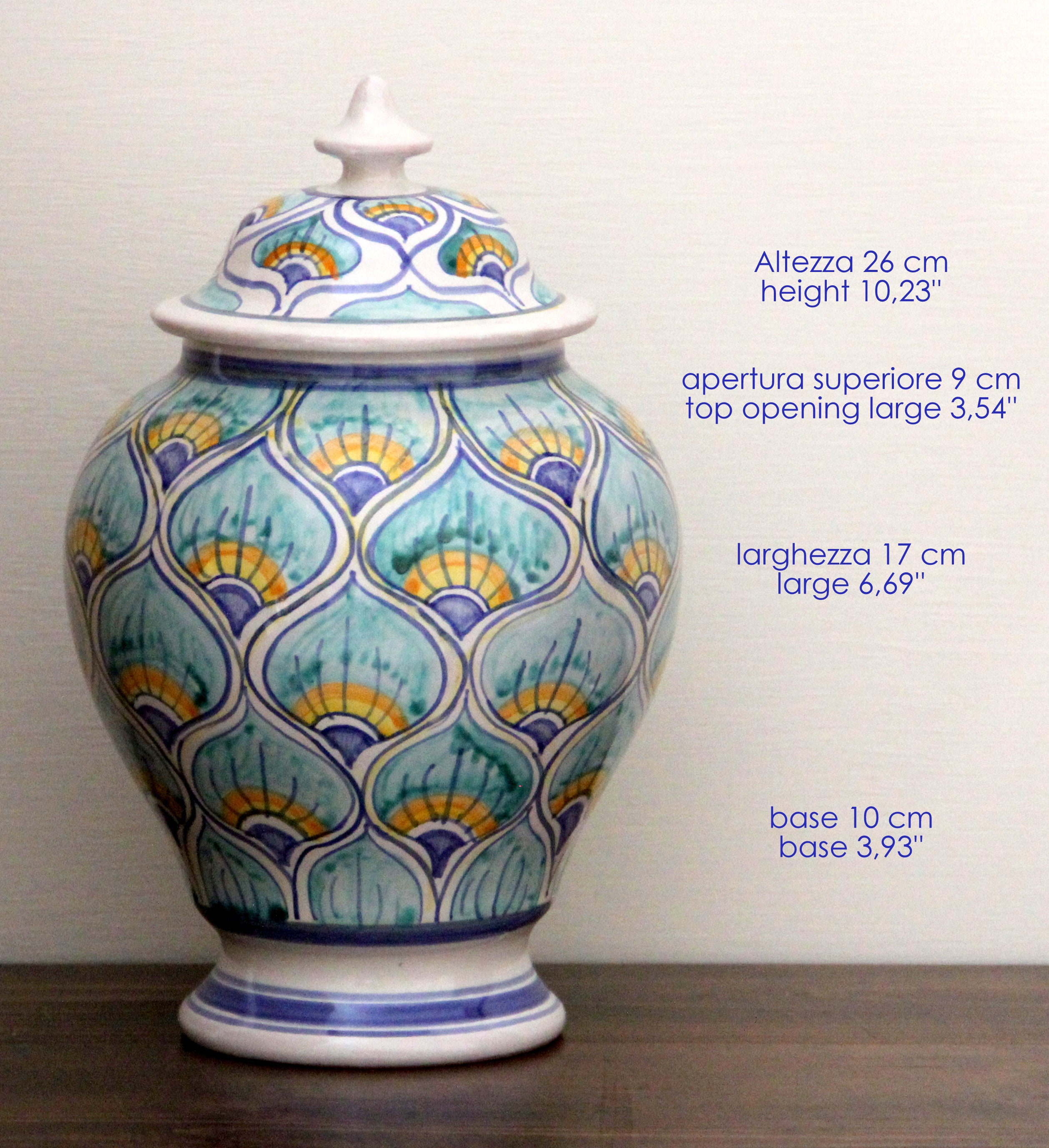 Italian Ceramic Green And Blue Vase With Lid Hand Painted
