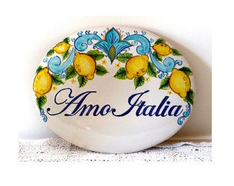 custom hand painted ceramic tile with lemon, home decor, Italian artistic craftsmanship, Italy art majolica, Amalfi Ravello Positano lemons