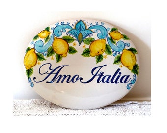 Lemons address tile, Amalfi Coast ceramic tiles, italian house number plaque, welcome sign in mediterranean style with lemon branch