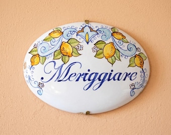 Custom sign for home, Italian ceramic tile painted with lemons and blue curls, inspired by the Amalfi coast. Inauguration & wedding gift.