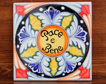 Italian ceramic tile, decorative tiles, Italy majolica art mediterranean style, Pace e Bene, kitchen wall decor, Pottery label welcome home