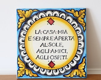 hand painted tile, wall decoration, Italian ceramic decorative tiles, Amalfi Mediterranean style, ancient pottery kitchen  tile.
