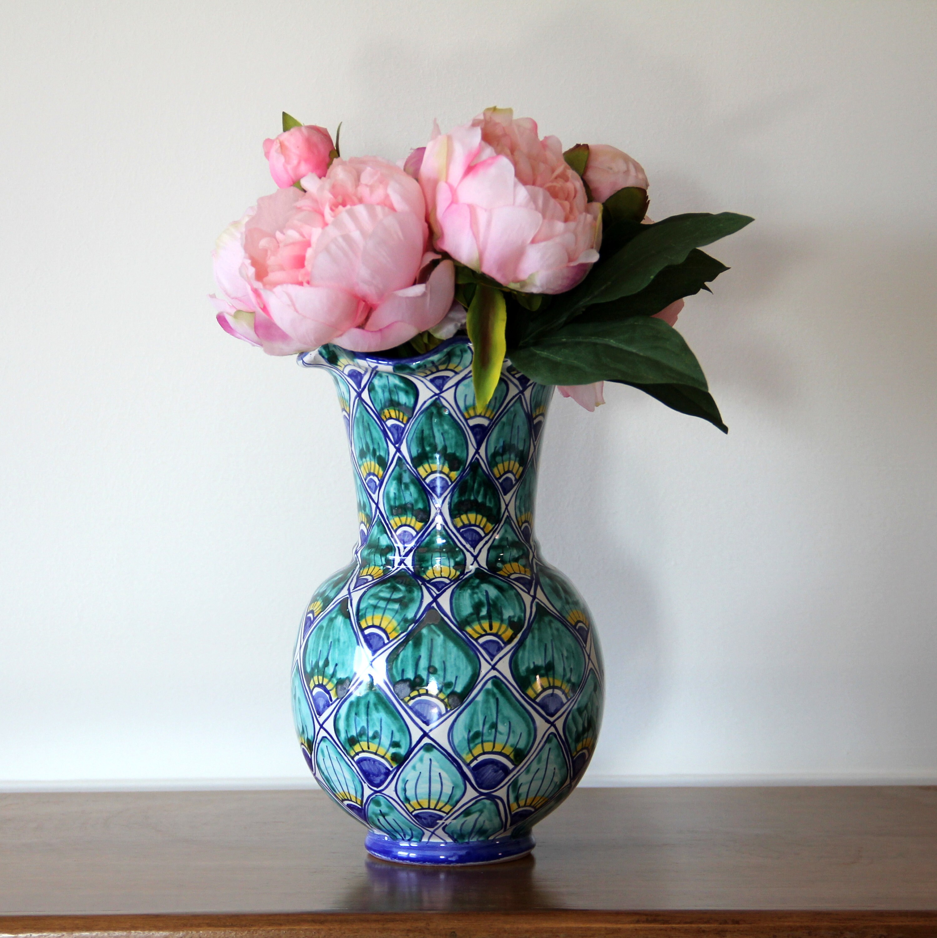 Green Large Flowers Vase Centrepiece Handpainted In Italy Italian