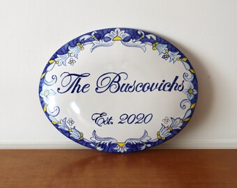 personalized names plaque blue, italian ceramic Faenza style, hand painted handmade. Custom name tile for kitchen home, mediterranean style