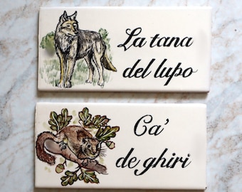 ceramic tile with animal design, wolf dormouse dog cat, decorated tiles, hotel name, bed and breakfast sign, holiday home