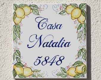 Home decor gift: personalized Italian ceramic tile with Amalfi Coast-style lemons. House number and name plaques. Wedding gifts for couple