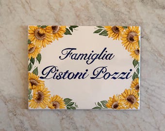 Hand-painted sunflower house address plaque with number and names on Italian ceramic tile, personalized gift for family