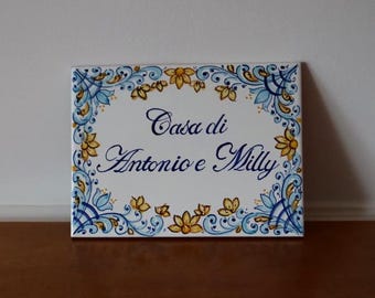 Italy ceramic custom tiles, family name sign blue, with italian style. Custom gift, wall decor tile with names and addres. Handmade plaque