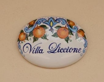 custom gift: blue Italian ceramic tile - sign with oranges in Mediterranean style to hang on wall, art gifts made in Italy