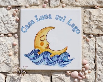 Italian custom address tile for Seaside villa, personalized ceramic name family tiles. Handcrafted made in Italy House Number