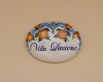 custom gift: blue Italian ceramic tile - sign with oranges in Mediterranean style to hang on wall, art gifts made in Italy