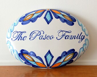 italian ceramic blue house name tile, custom door plaque with letters and number, personalized gifts. Positano Amalfi hand painted ceramics