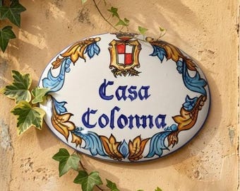 Custom Ceramic House Sign, Personalized Italian Pottery Name Plate, Handmade Blue Address Plaque, Housewarming Gift, Wedding & Birthday Gift