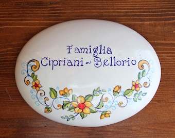 custom italian ceramic house number sign with names and flowers. Personalized Family door plaque for villa, gift made in Italy. Pottery tile