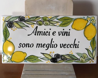 italian pottery tile with lemons and olive branch. Outdoor house number sign, address plaque, italian ceramic tiles with personalized decor