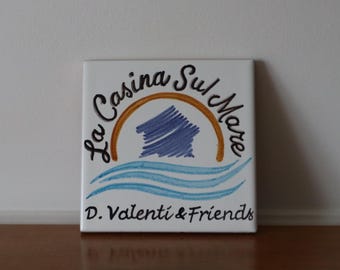 Italian ceramic square tile, name plate for seaside villa. Gift for beach house, hand painted tile with stylized design, modern house.