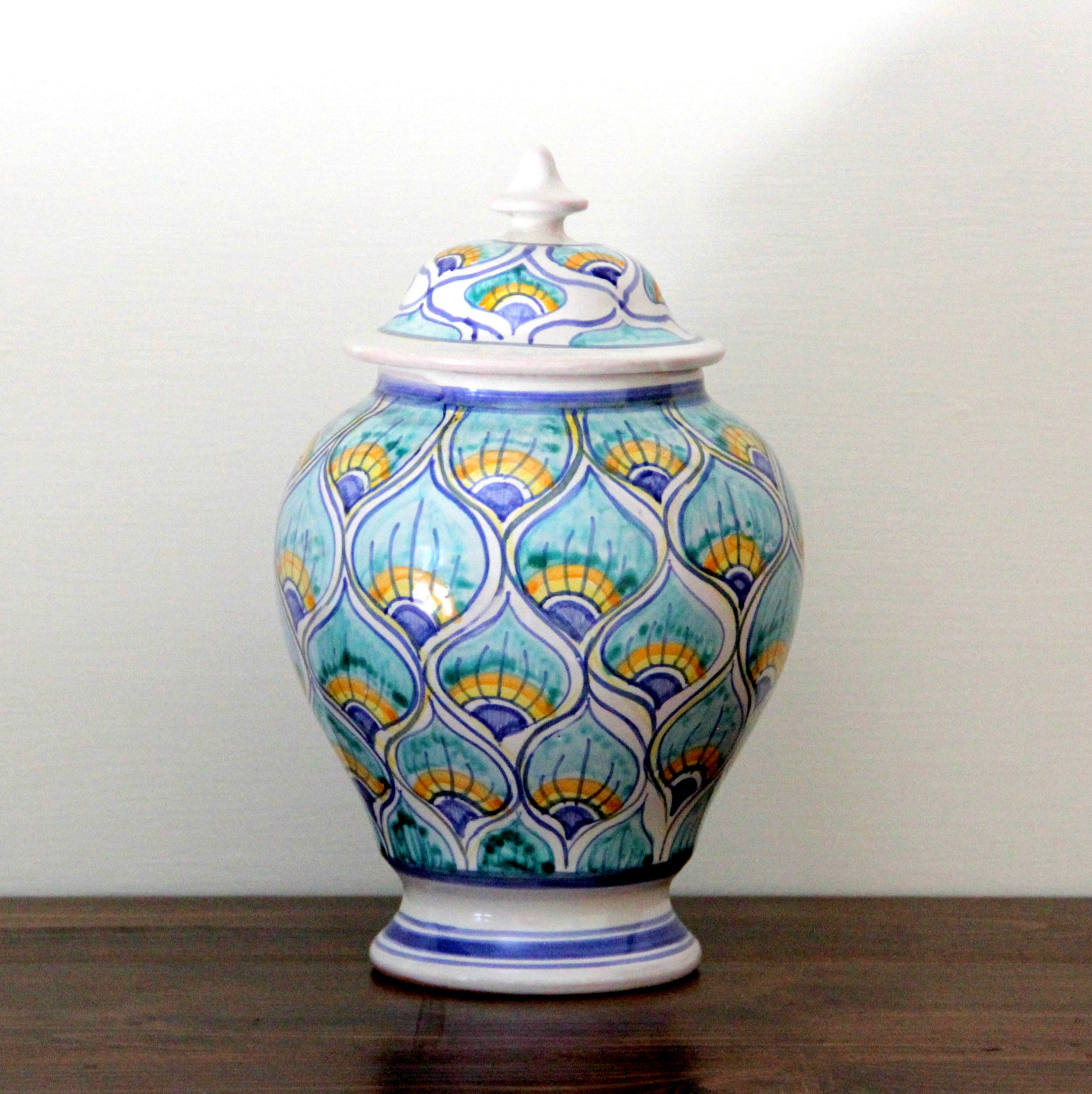 Italian Ceramic Green And Blue Vase With Lid Hand Painted