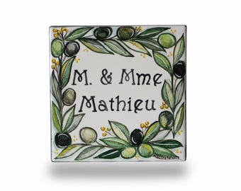 custom gift, italian pottery tile with olive branch hand-made, with name and number. customizable wall decor with italian ceramic tiles.